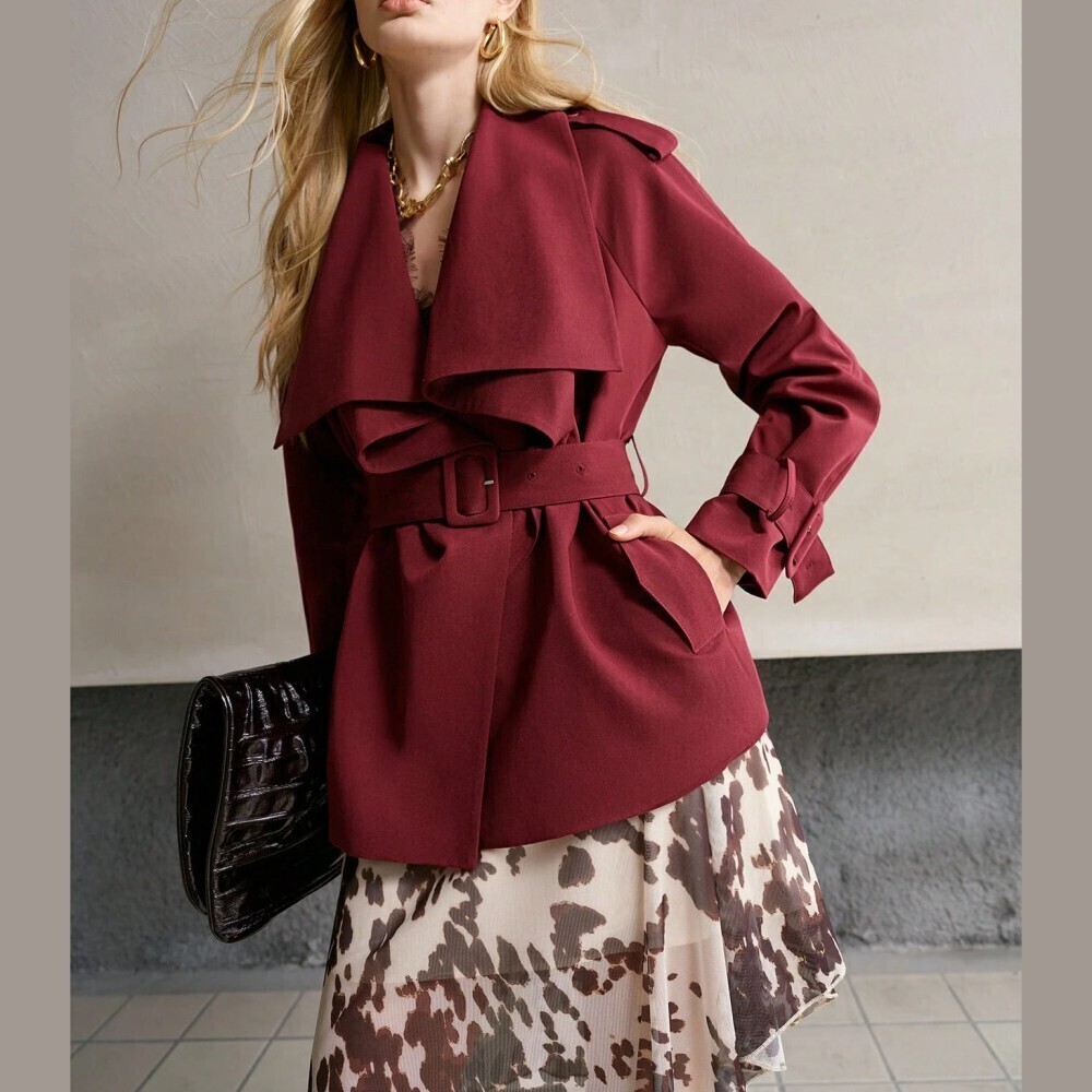 Burgundy Waterfall Ruffled Collar Belted Trench Coat with Cuff Straps